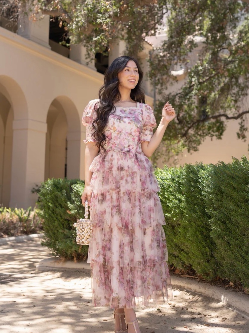 Pastel Pink Floral Tiered Maxi Dress by